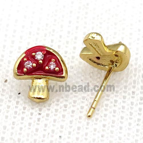 copper mushroom Stud Earring with red Enameled, gold plated