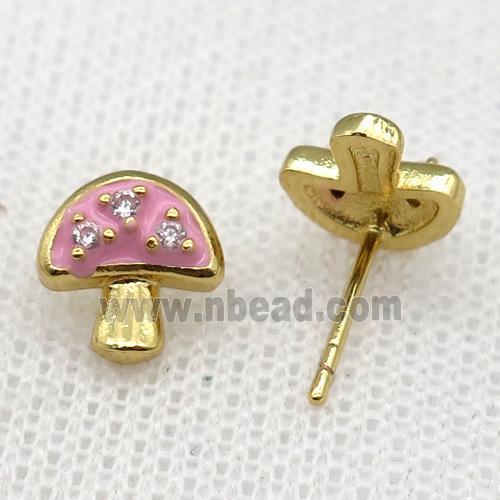 copper mushroom Stud Earring with pink Enameled, gold plated