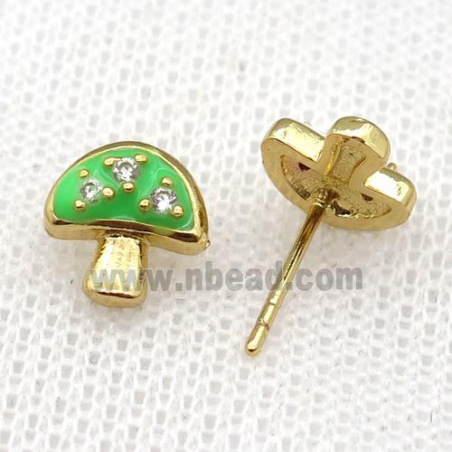 copper mushroom Stud Earring with green Enameled, gold plated