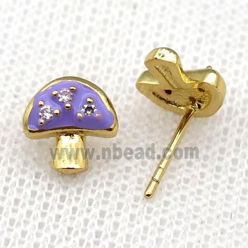 copper mushroom Stud Earring with purple Enameled, gold plated