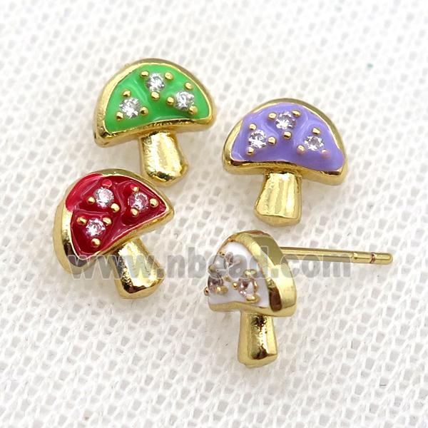 copper mushroom Stud Earring with Enameled, mix, gold plated