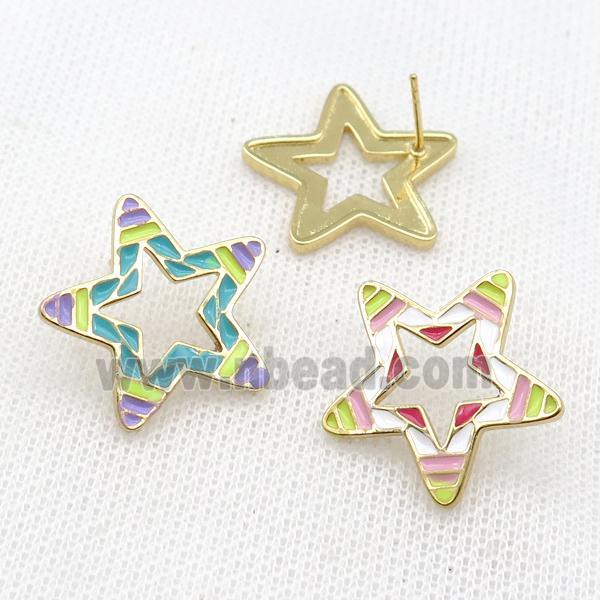 copper Star Stud Earring with Enameled, mixed, gold plated