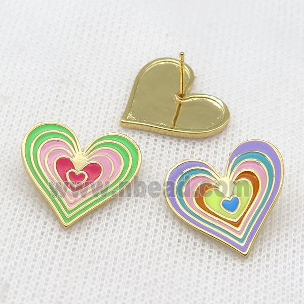 copper Heart Stud Earring with Enameled, mixed, gold plated
