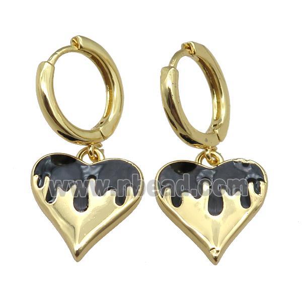 copper Hoop Earrings with Heart Black Enamel, gold plated