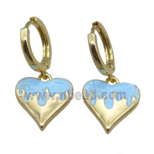 copper Hoop Earrings with Heart Blue Enamel, gold plated