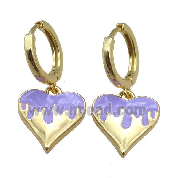 copper Hoop Earrings with Heart Purple Enamel, gold plated