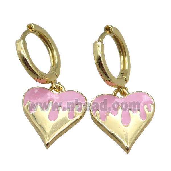 copper Hoop Earrings with Heart Pink Enamel, gold plated