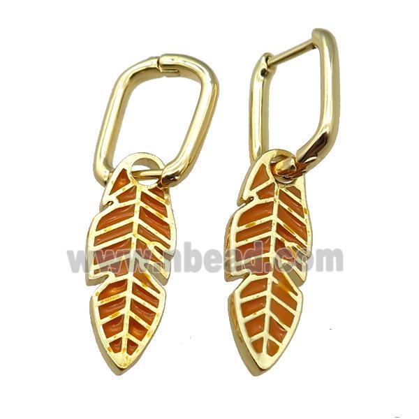 copper Latchback Earrings with Enamel Leaf, gold plated