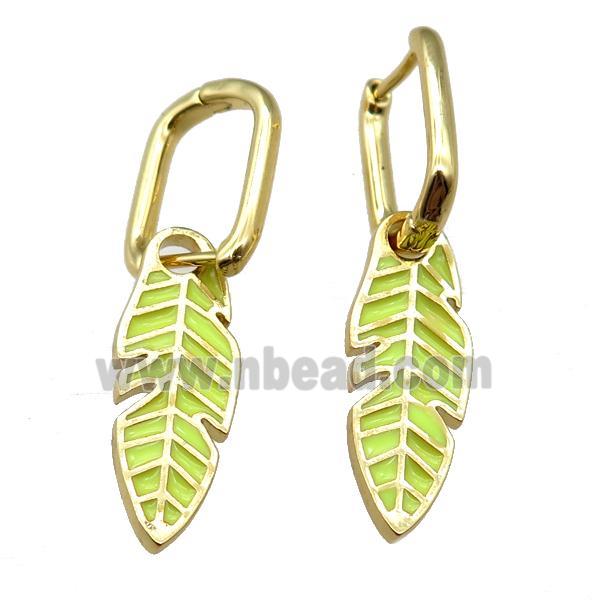 copper Latchback Earrings with Olive Enamel Leaf, gold plated