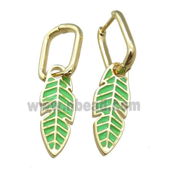 copper Latchback Earrings with Green Enamel Leaf, gold plated