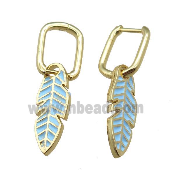 copper Latchback Earrings with Blue Enamel Leaf, gold plated