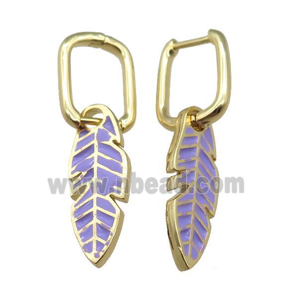 copper Latchback Earrings with Purple Enamel Leaf, gold plated