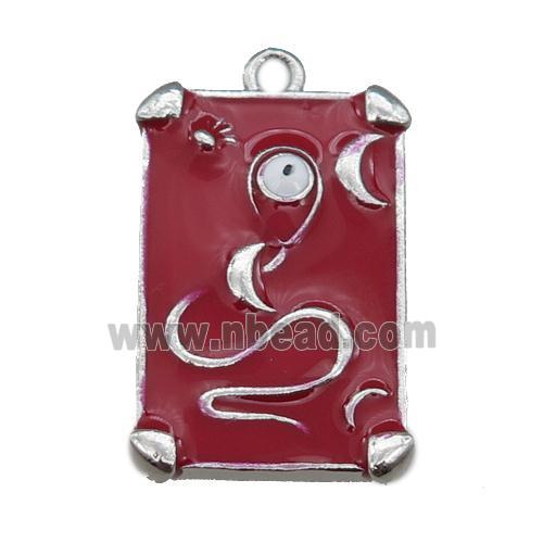 Copper Tarot Card Pendant with red Enamel, Platinum Plated