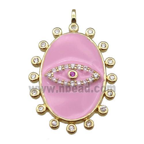 copper oval Eye pendant pave zircon with pink enamel, gold plated