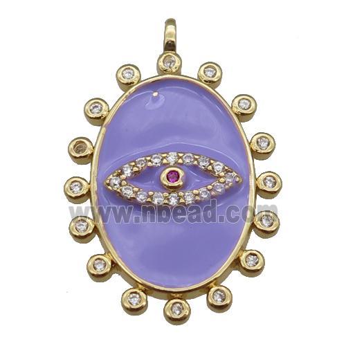 copper oval Eye pendant pave zircon with lavender enamel, gold plated
