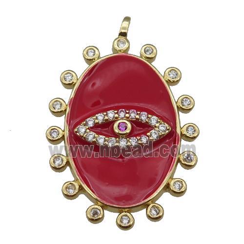 copper oval Eye pendant pave zircon with red enamel, gold plated