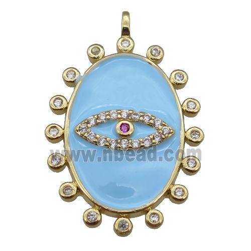 copper oval Eye pendant pave zircon with blue enamel, gold plated