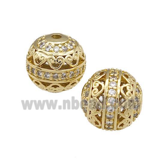copper round beads pave zircon, hollow, gold plated
