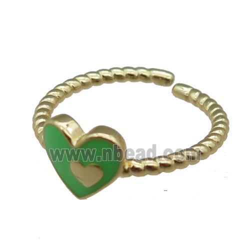 copper Ring with green enamel heart, gold plated