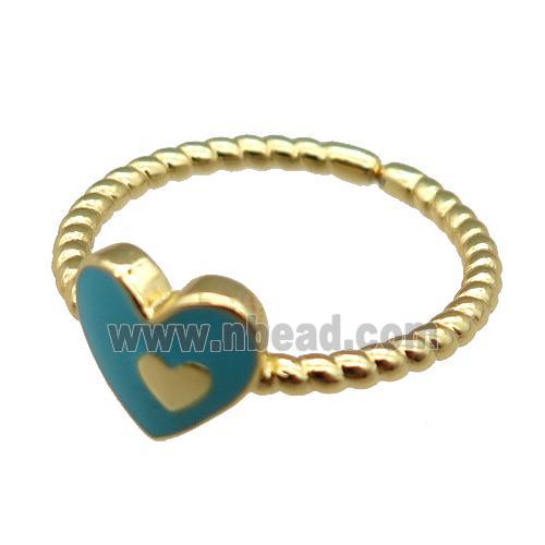 copper Ring with blue enamel heart, gold plated