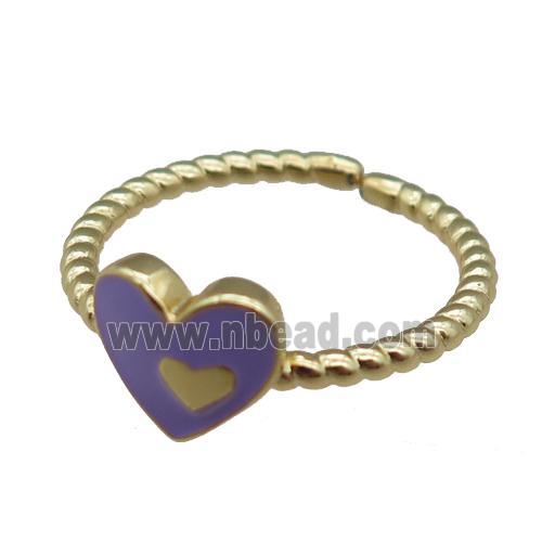 copper Ring with purple enamel heart, gold plated