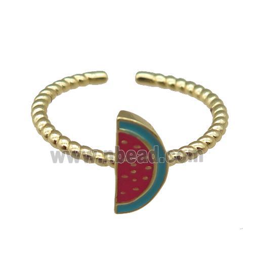 adjustable copper Rings with red enamel watermelon, gold plated