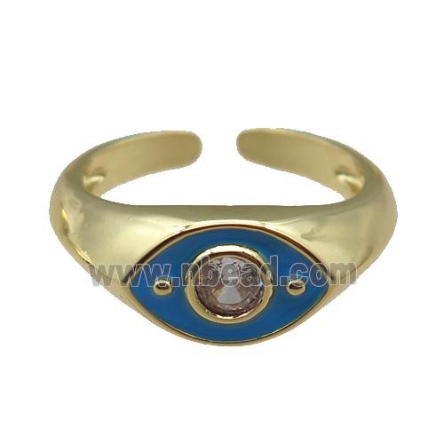 adjustable copper Rings with blue enamel eye, gold plated