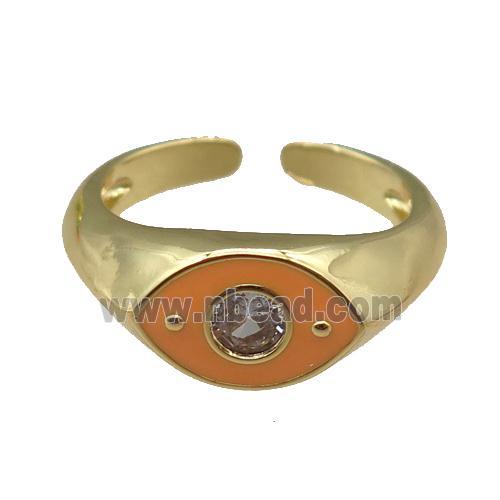 adjustable copper Rings with orange enamel eye, gold plated
