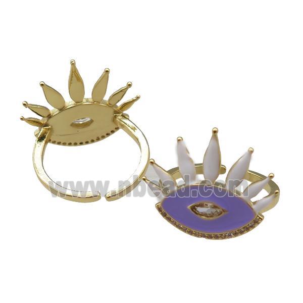 adjustable copper Rings with purple enamel eye, gold plated