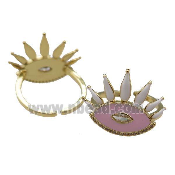 adjustable copper Rings with pink enamel eye, gold plated