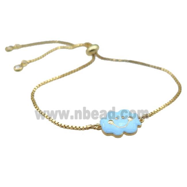 copper Bracelet with blue enamel cloudface, adjustable, gold plated
