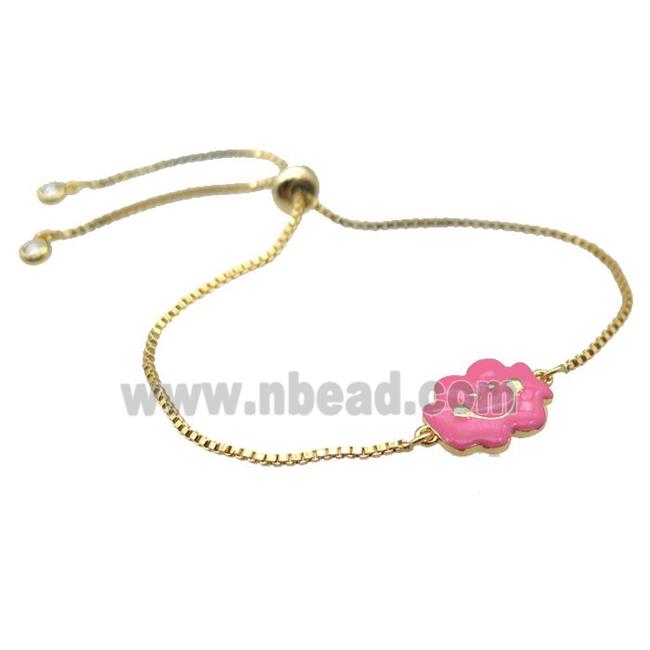 copper Bracelet with pink enamel cloudface, adjustable, gold plated