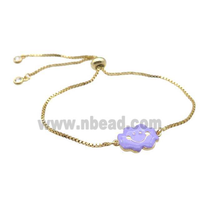 copper Bracelet with purple enamel cloudface, adjustable, gold plated