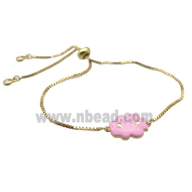 copper Bracelet with pink enamel cloudface, adjustable, gold plated