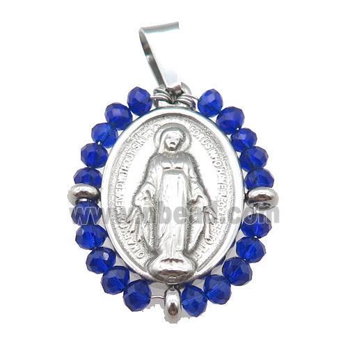 stainless steel Jesus pendant with blue crystal glass