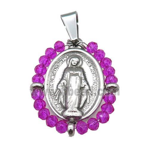 stainless steel Jesus pendant with hotpink crystal glass