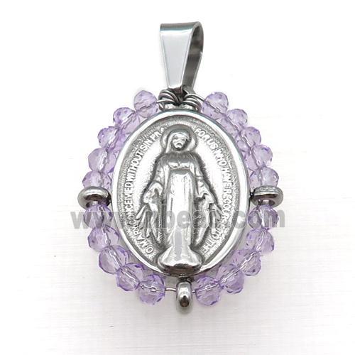 stainless steel Jesus pendant with lavender crystal glass