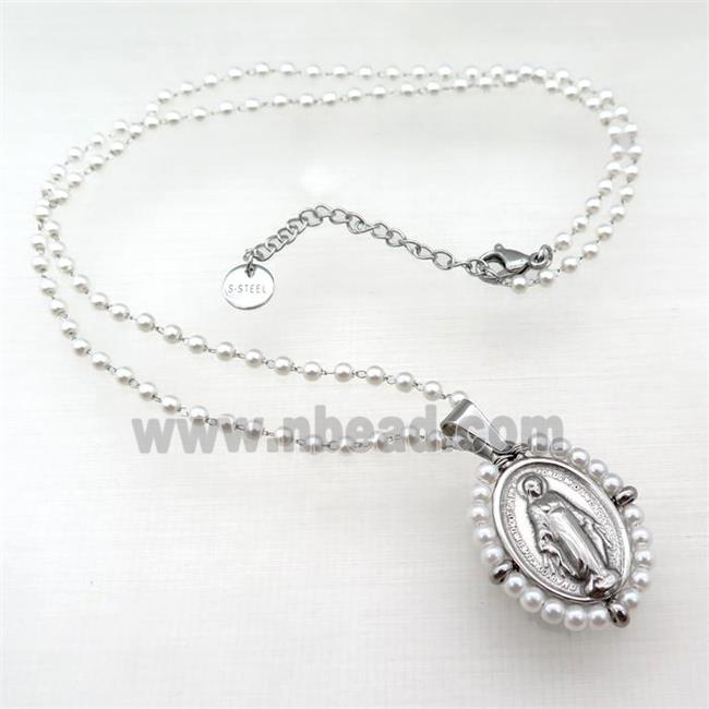 Stainless Steel Jesus Necklace White Pearlized Glass Platinum Plated