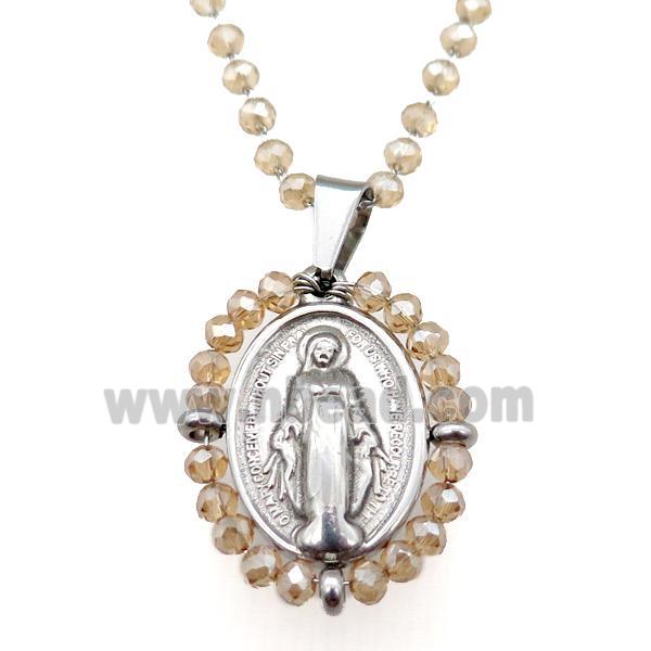 Stainless Steel Jesus Necklace Champagne Crystal Glass Platinum Plated