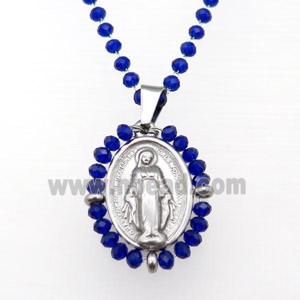 Stainless Steel Jesus Necklace Blue Crystal Glass Platinum Plated