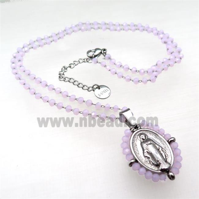 Stainless Steel Jesus Necklace Pink Crystal Glass Platinum Plated