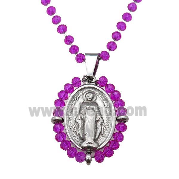 Stainless Steel Jesus Necklace Hotpink Crystal Glass Platinum Plated