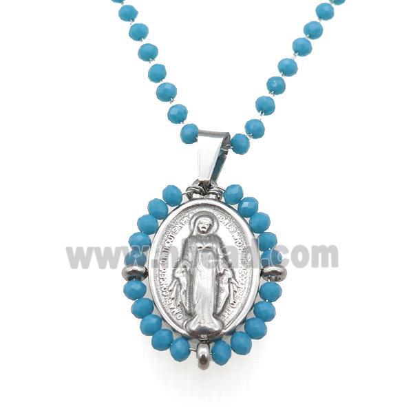Stainless Steel Jesus Necklace Teal Crystal Glass Platinum Plated