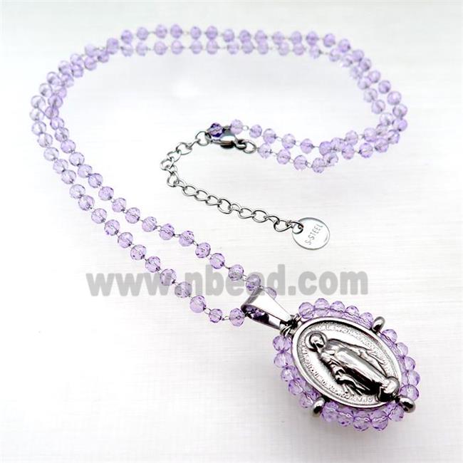 Stainless Steel Jesus Necklace Lt.purple Crystal Glass Platinum Plated
