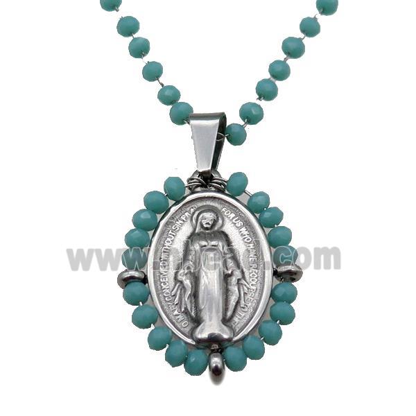 Stainless Steel Jesus Necklace Green Crystal Glass Platinum Plated