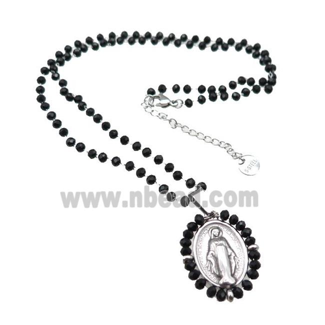 Stainless Steel Jesus Necklace Black Crystal Glass Platinum Plated