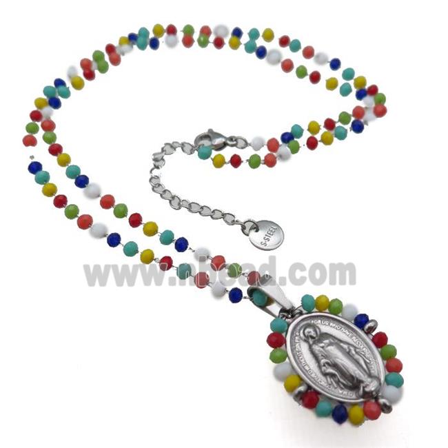 Stainless Steel Jesus Necklace Multicolor Crystal Glass Platinum Plated