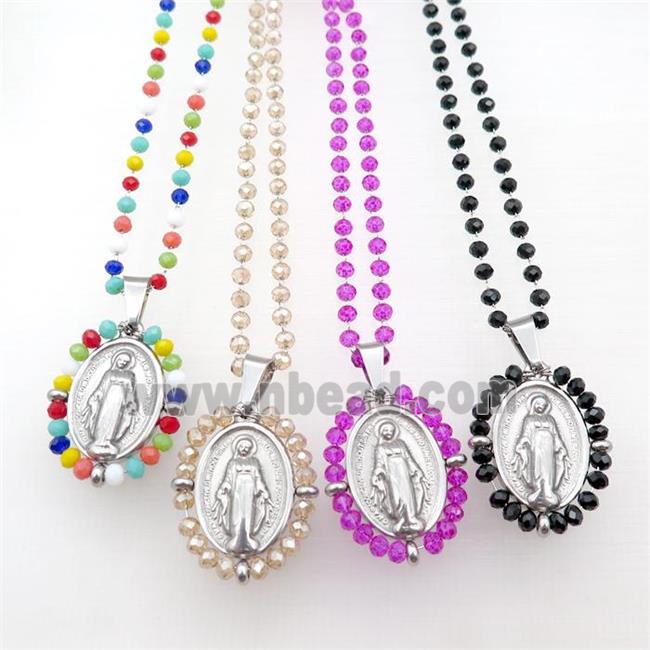 Stainless Steel Jesus Necklace Crystal Glass Platinum Plated Mixed