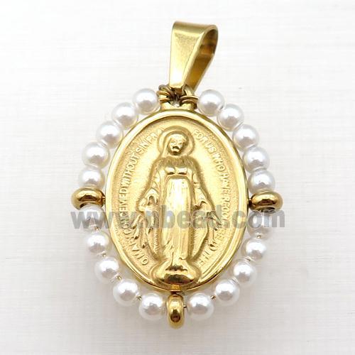 stainless steel Jesus pendant with white pearlized glass, gold plated