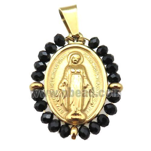 stainless steel Jesus pendant with black crystal glass wrapped, gold plated
